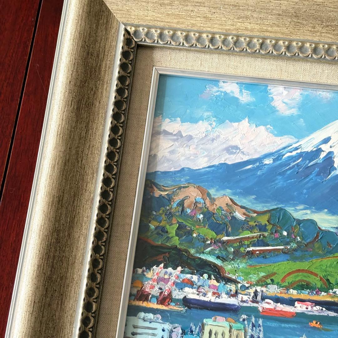 半澤国雄「清水港と富士」油彩 F4 額装 油絵 油画 絵画