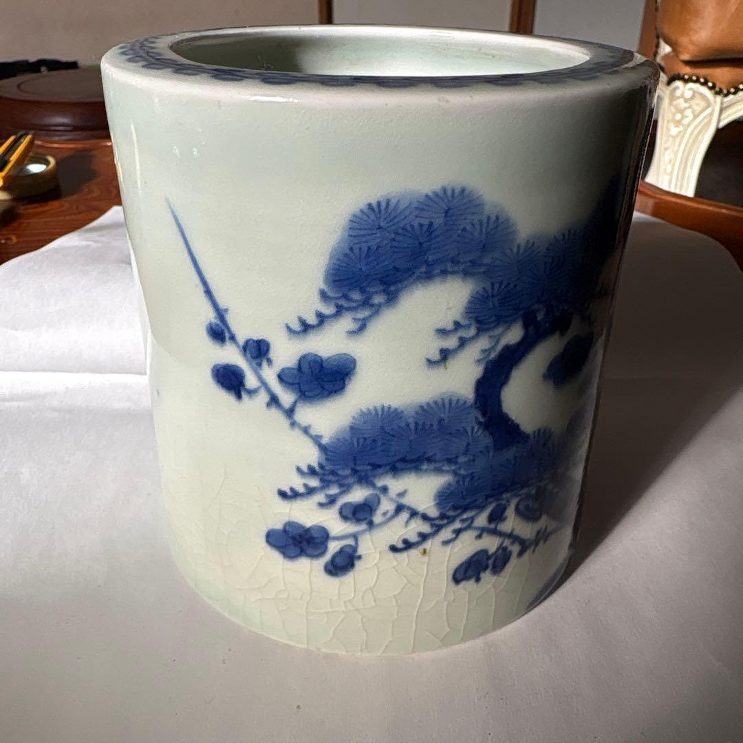 染付筆筒　松竹梅青花筆筒　11.2cm✖️10.6cm
