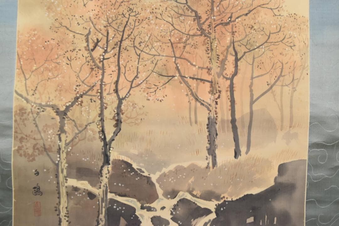 【真作】白鴎/秋景滝山水図/掛軸/名家伝来/AA-888