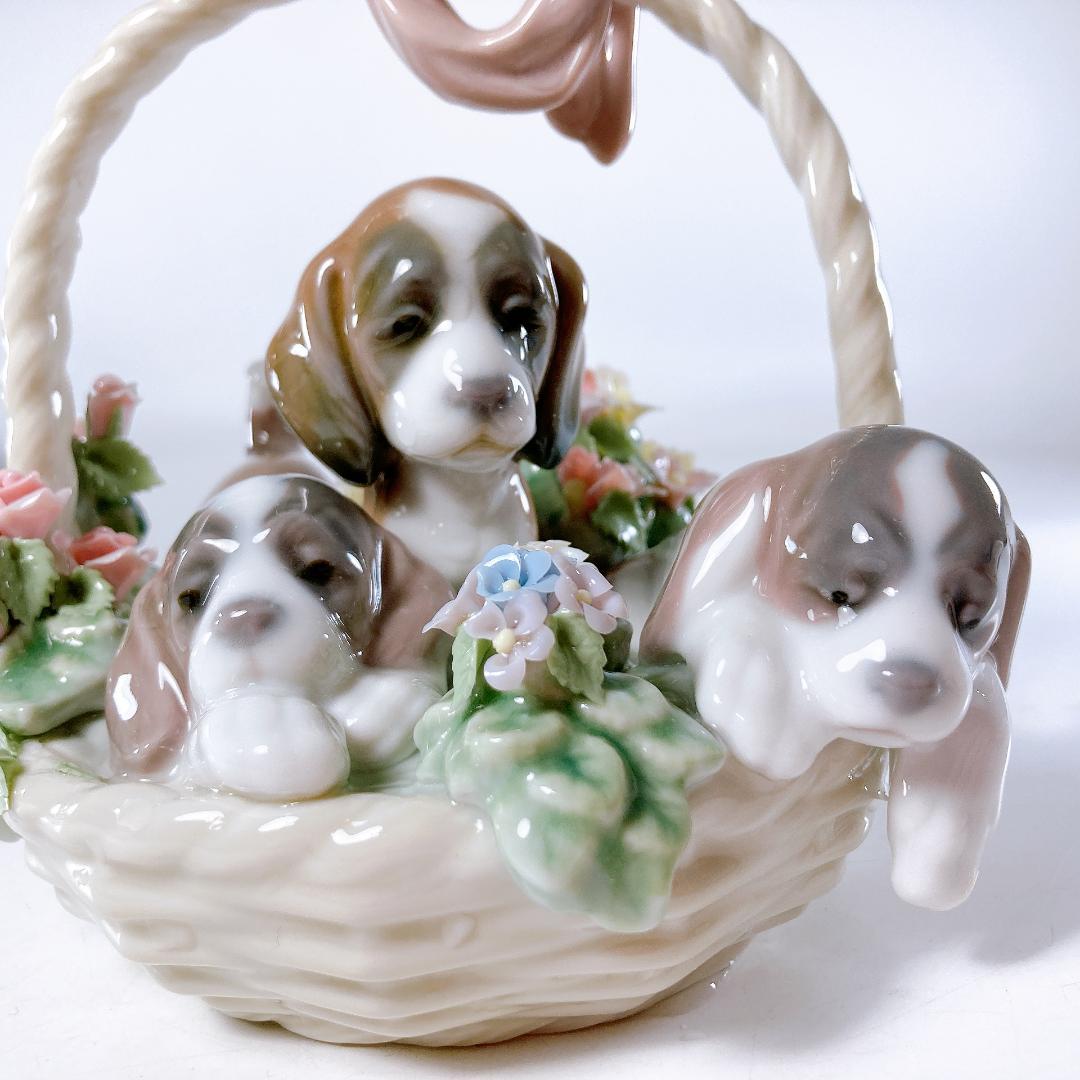【絶版】リヤドロ 三つ子の子犬　　花・かご・子犬・犬・バスケット　|1506|