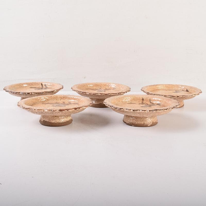 和食器　志野焼　絵志野　松文　雪輪形　菓子皿　五客　在銘　共箱　D　R7842