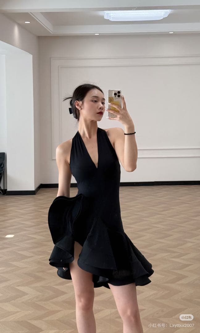 ZYM黒い社交ダンスドレス 社交ダンス　ワンピース　練習着　ラテンダンス