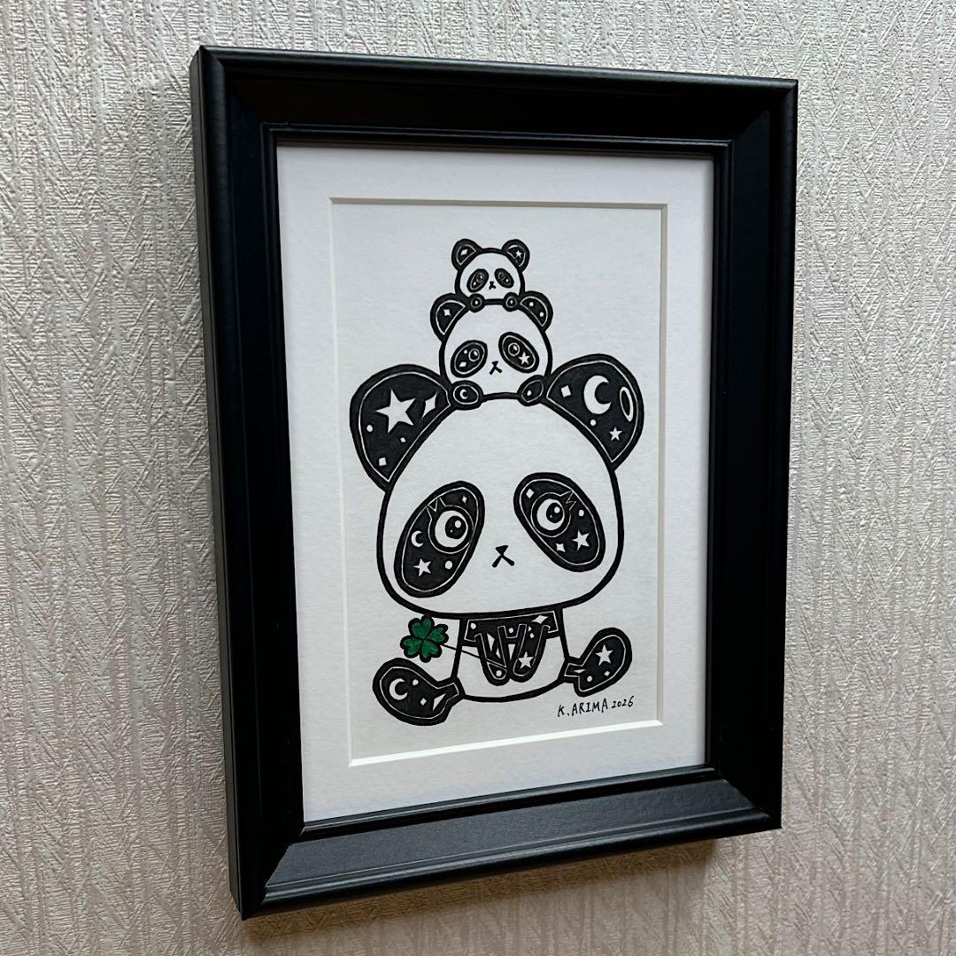 動物 原画 絵 手描き 癒し パンダ 一点物 額縁付き 『幸せの緑』