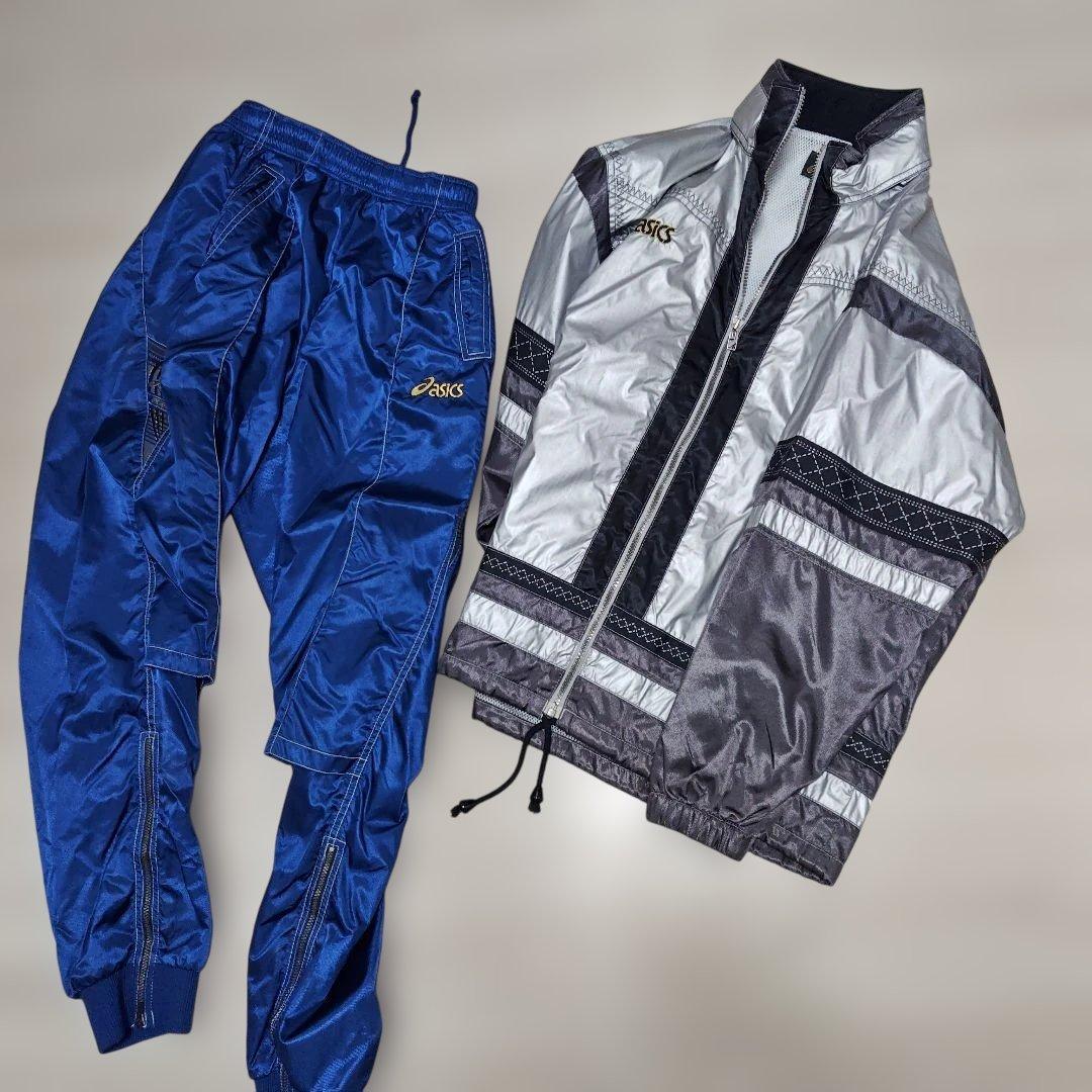 アシックスASICS　90’s 上下ウインドブレーカーセットアップ　光沢シルバー