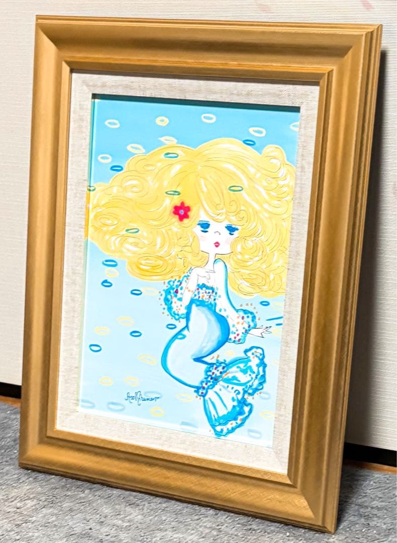 【F4号】手描き作品　水森亜土　額縁　未使用額　サイン　絵画　人気作品　人魚