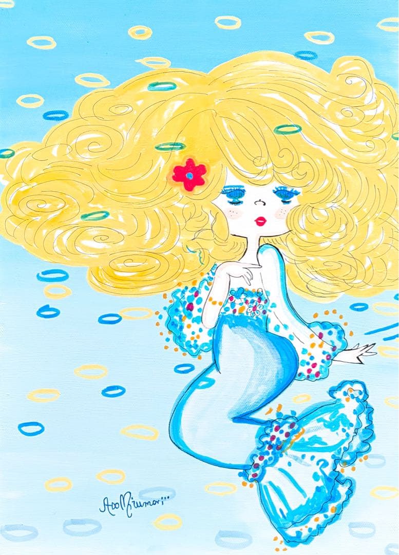 【F4号】手描き作品　水森亜土　額縁　未使用額　サイン　絵画　人気作品　人魚
