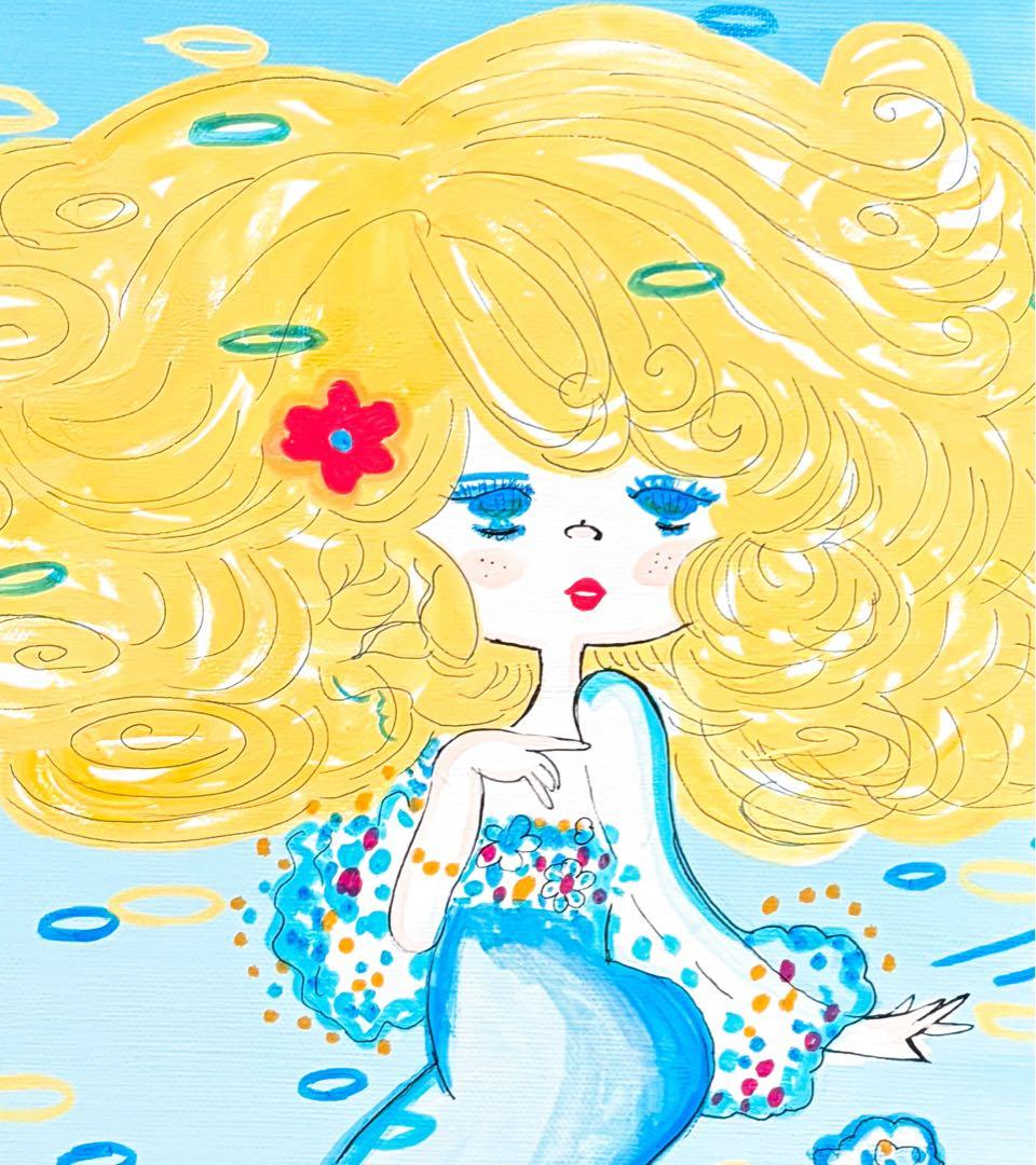 【F4号】手描き作品　水森亜土　額縁　未使用額　サイン　絵画　人気作品　人魚
