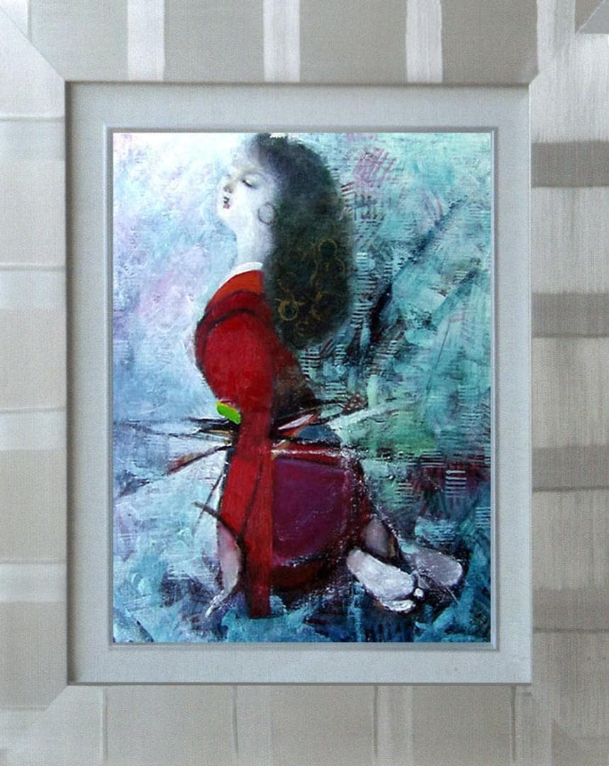 油絵 菅家令子 絵 絵画インテリア額付(青緑＋金色の枠) F6-031201女性