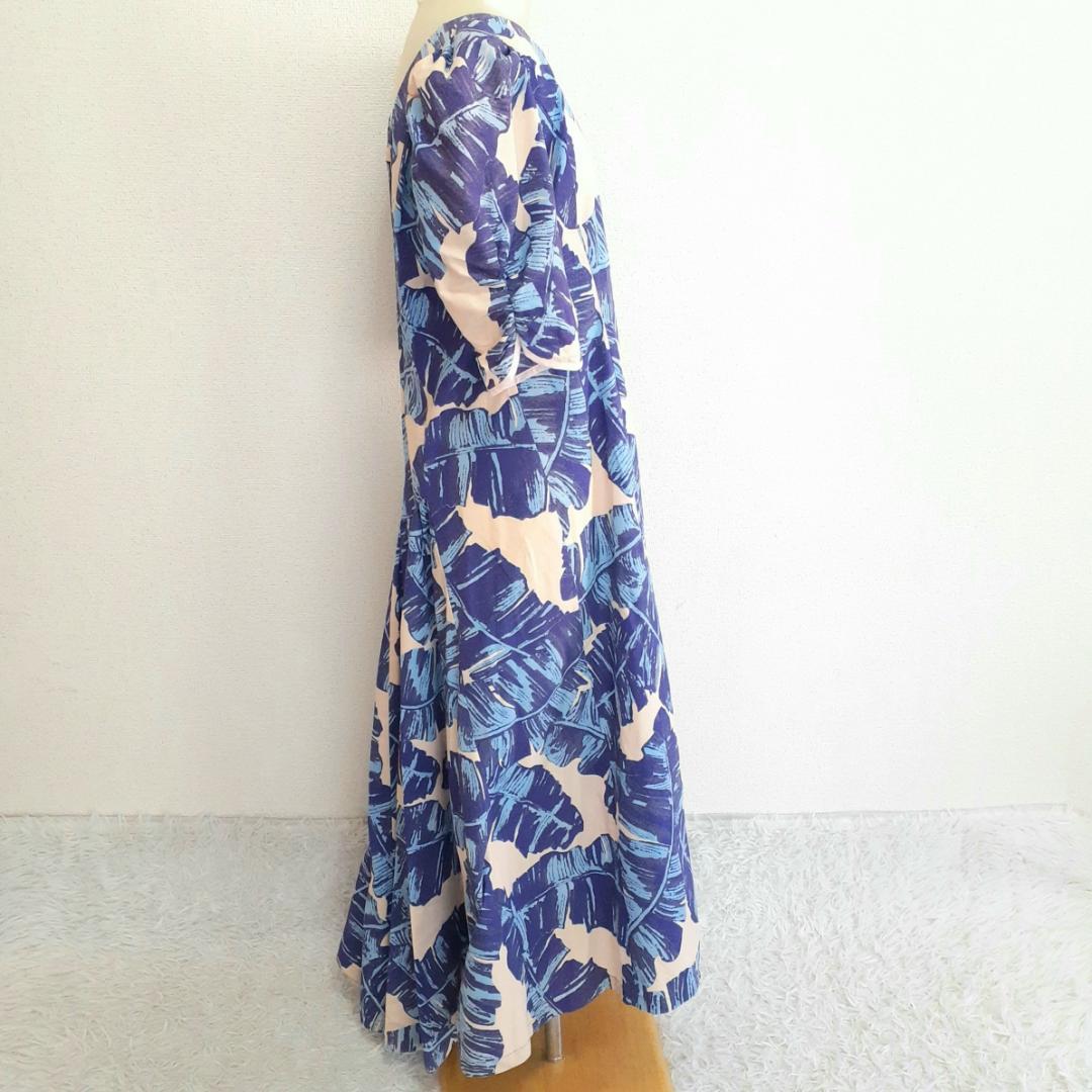 美品◎メネフネプランテーション フラダンス用ドレス ブルー系 青系 リーフ柄