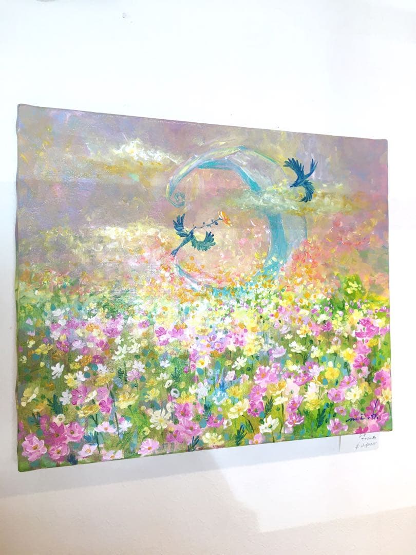 桃色の記憶と花畑　F8 キャンバス　アクリル画