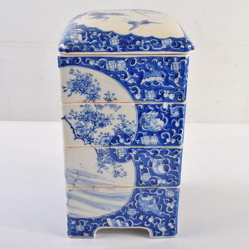 瀬戸焼　古瀬戸　染付　青山安次郎製画　花鳥文　四段重箱　F　R9572