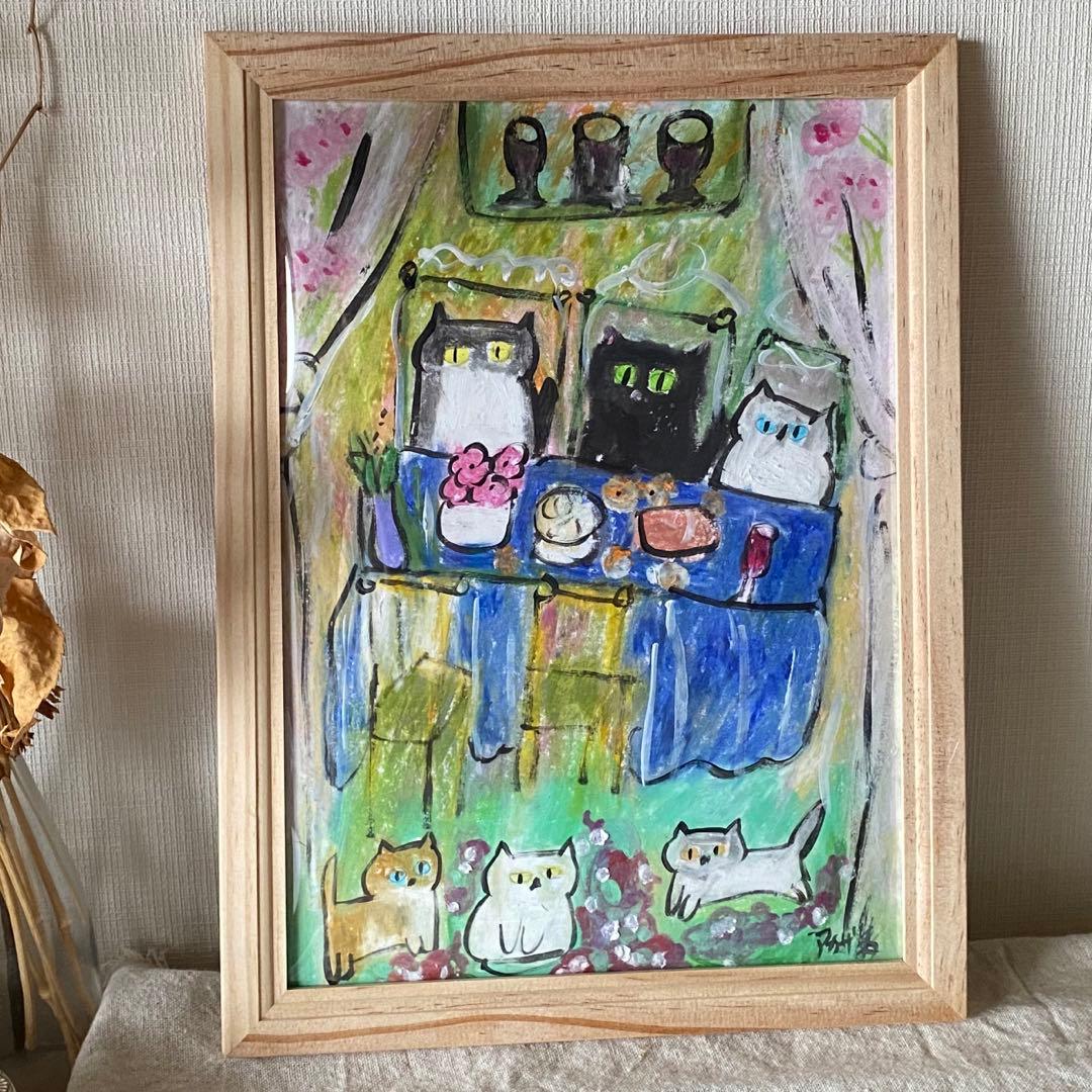 絵画 。手描き【猫たちの楽しい夕食】