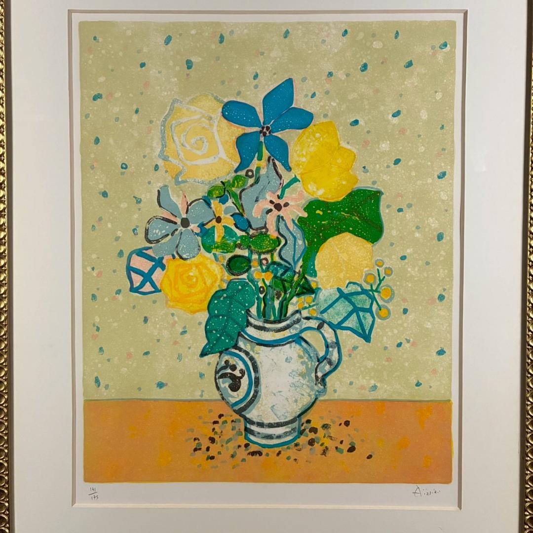 美品 ポール・アイズピリ「ベージュ背景のバラの花束」リトグラフ サイン入 古径額