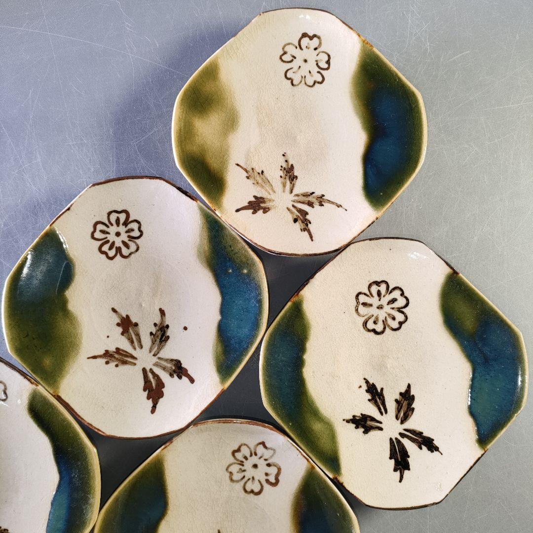 A1246-4/織部焼/加藤作助 造/織部銘々皿5客/共箱/飾皿/盛皿/懐石道具