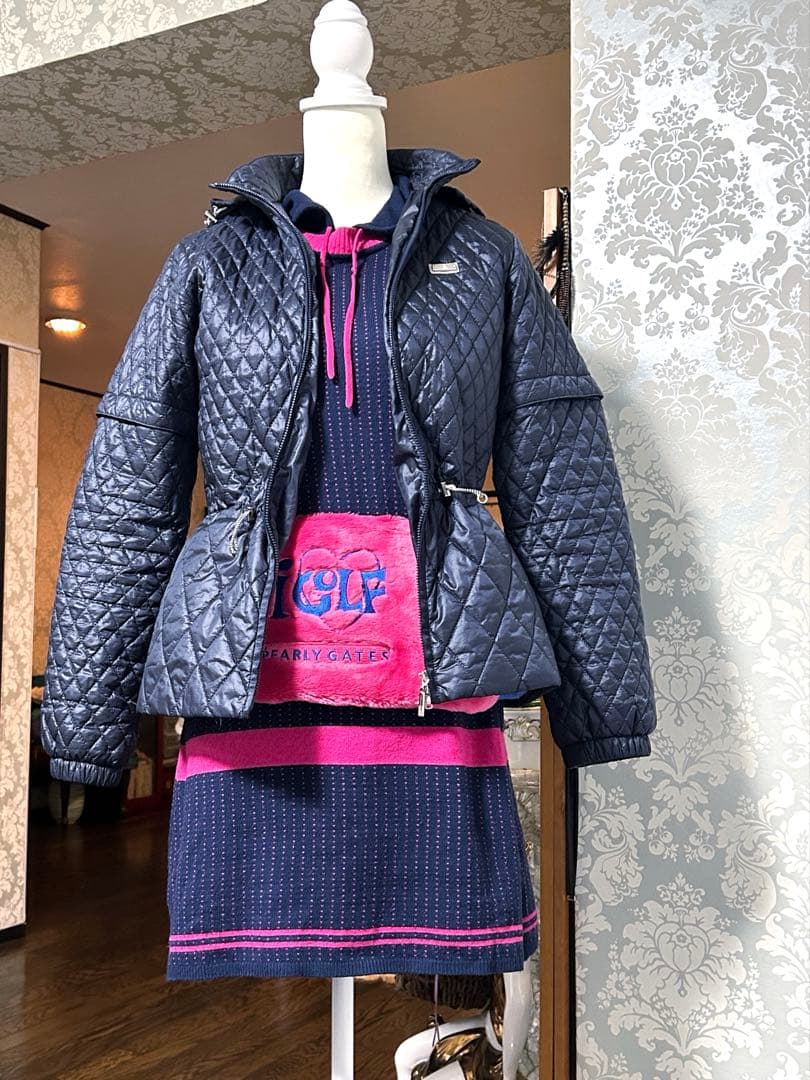 美品！ランバンスポール38キルティング中綿ブルゾン　ネイビー　3箇所ドローコード