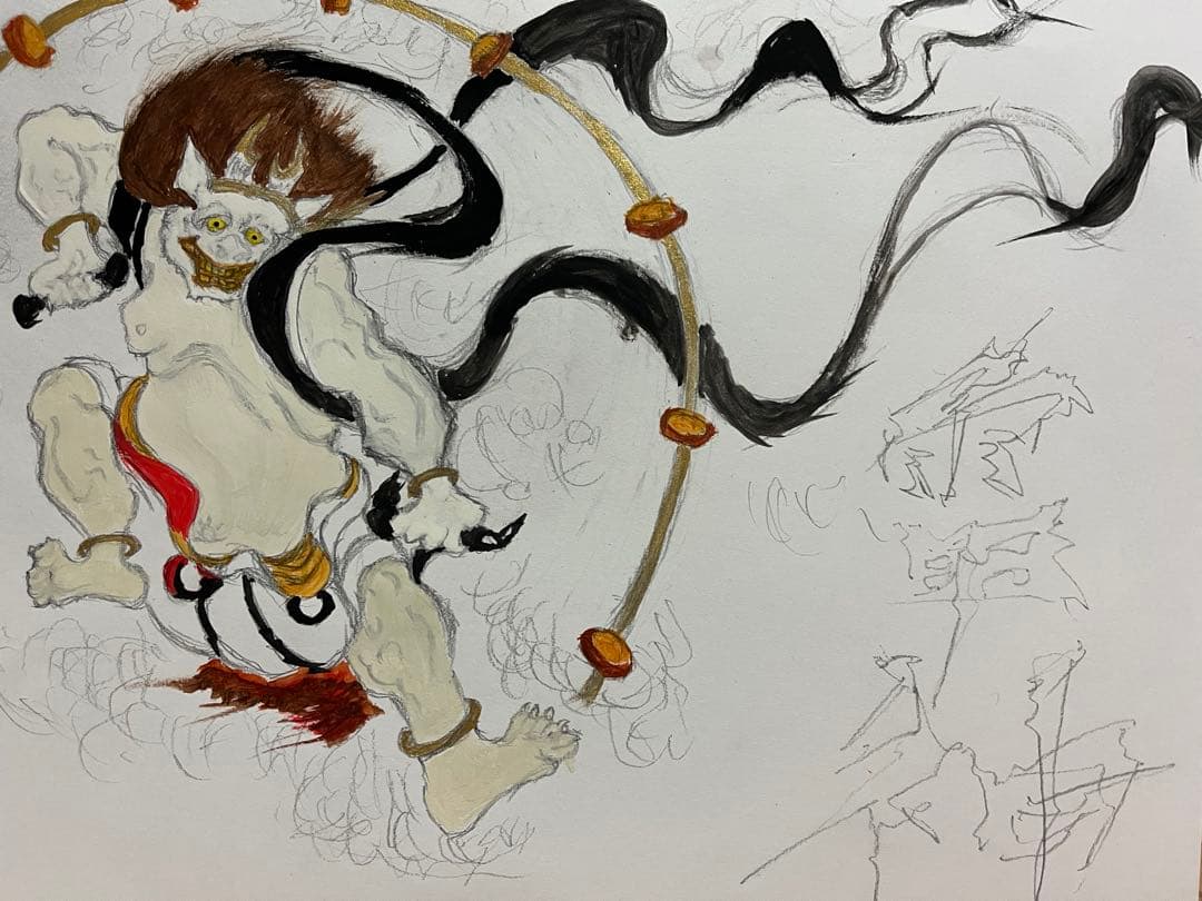 和風水彩画 雷神木製フレーム