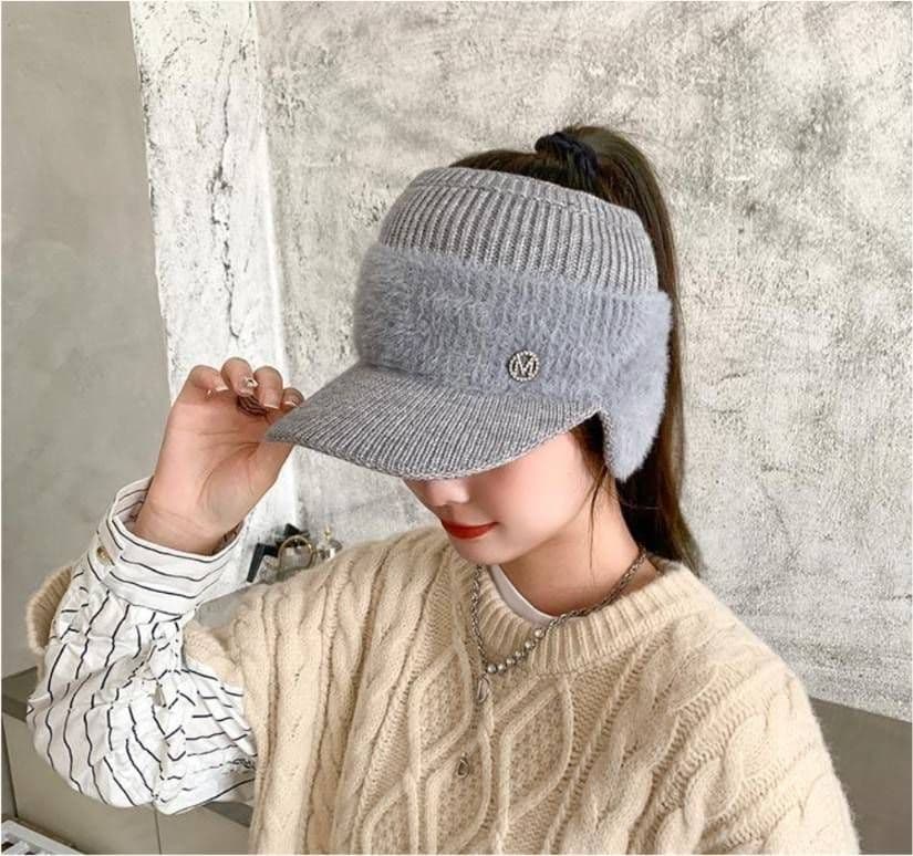 【限定】レディース　サンバイザー　ニット帽　グレー　韓国　シンプル　帽子　耳当て