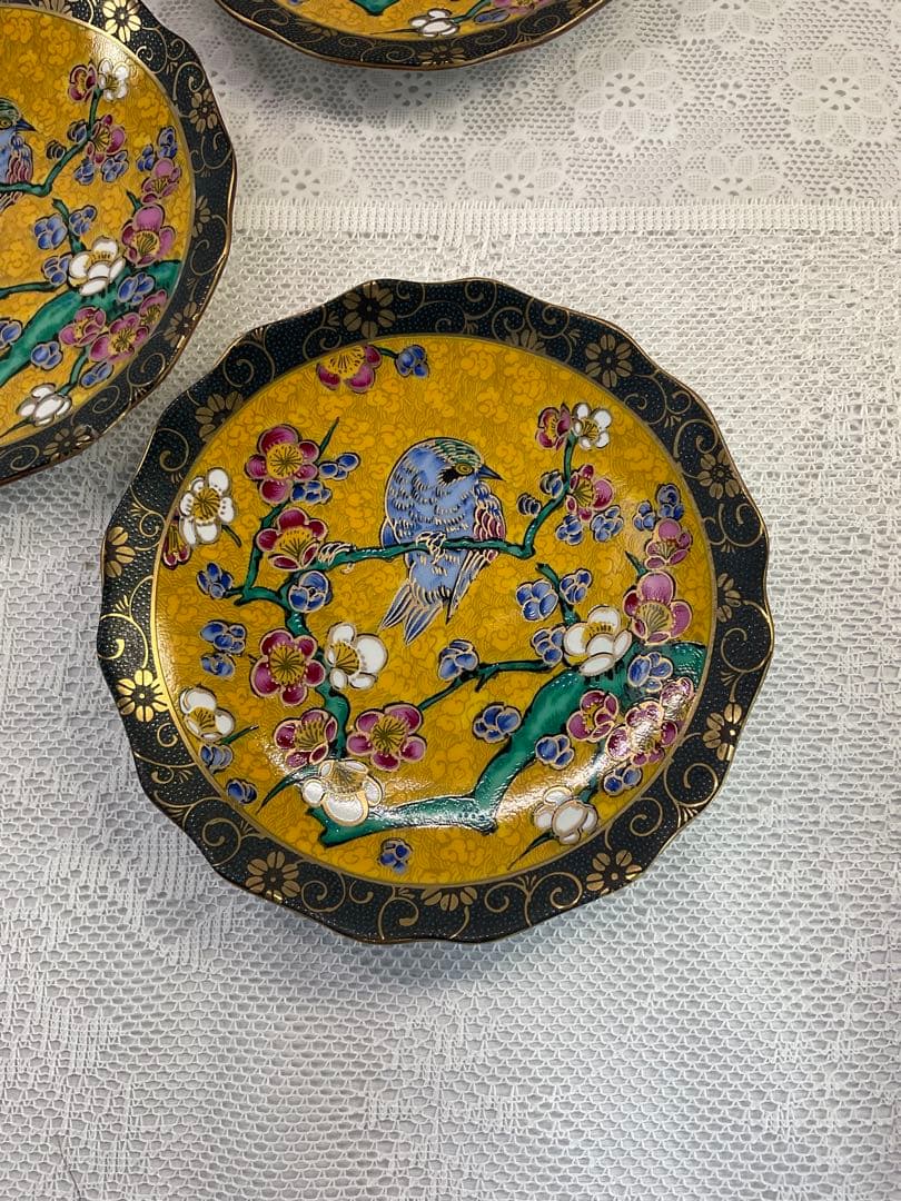 九谷焼 正峰窯 青粒鉄仙 花鳥文 銘々皿揃 5客 美品