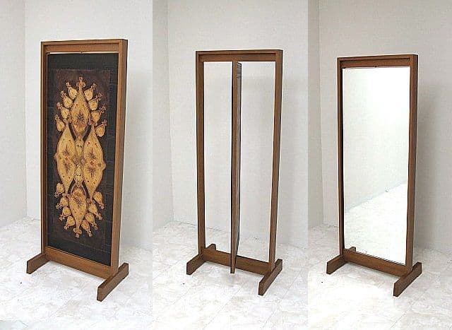ヴィンテージ　片面ミラー×片面ペイズリー革細工衝立　パーテーションスタンドミラー