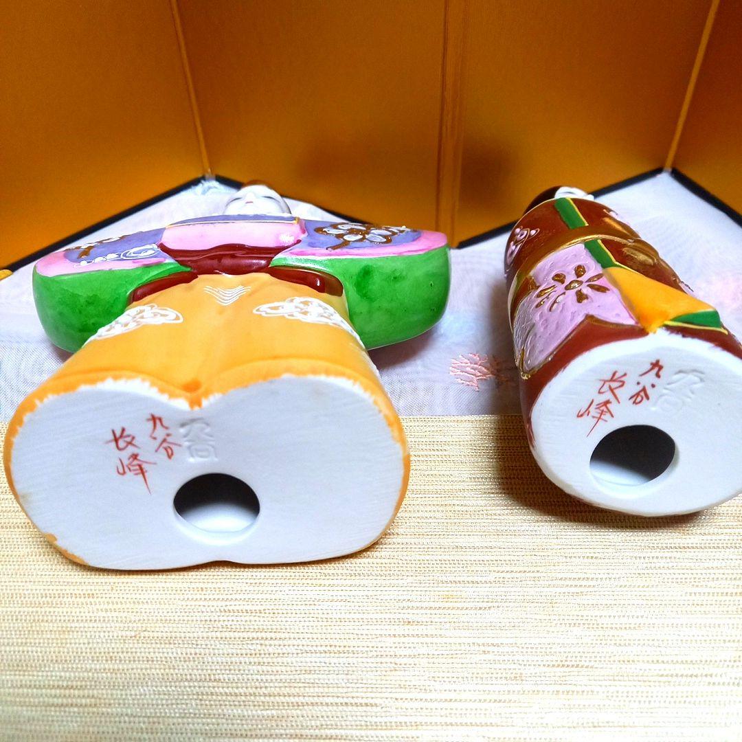 九谷焼　長峰窯　立ち雛 (紫盛) 屏風.台座.木札付き 箱入りす