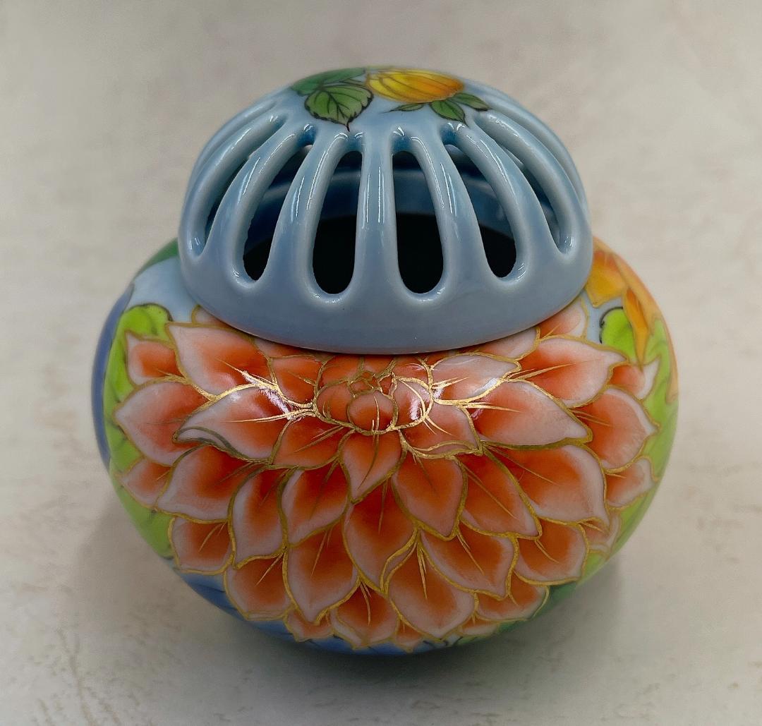 絶品！清水焼香炉★手描きオーダー発注品◆水色地×ダリア