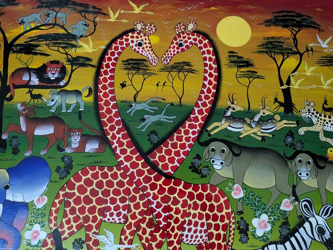 ●アフリカの絵画、ティンガティンガ、サバンナの動物達、80×100cm