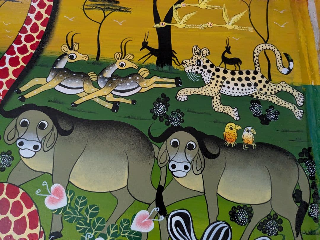 ●アフリカの絵画、ティンガティンガ、サバンナの動物達、80×100cm