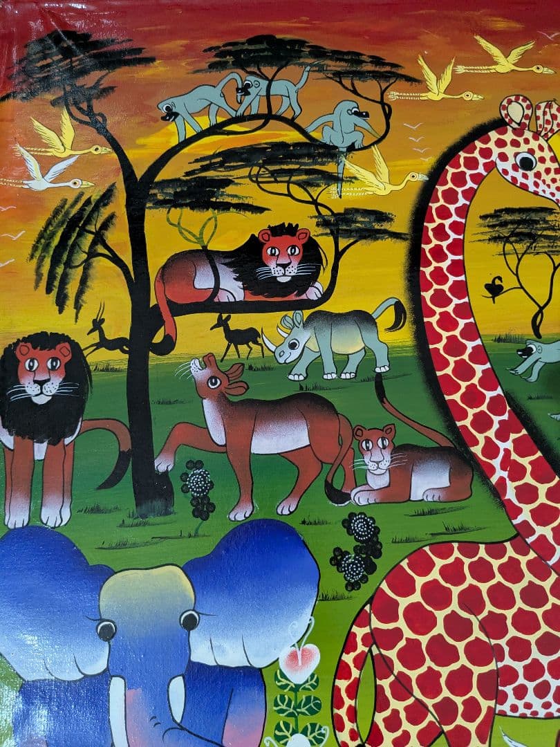 ●アフリカの絵画、ティンガティンガ、サバンナの動物達、80×100cm