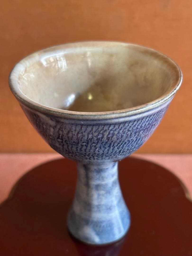 河井寛次郎作青釉線刻雫文馬上杯　検森の木の芽雨