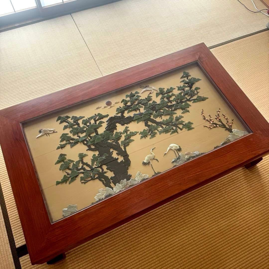 【希少品】骨董 アンティーク 松鶴ガラストップ座卓