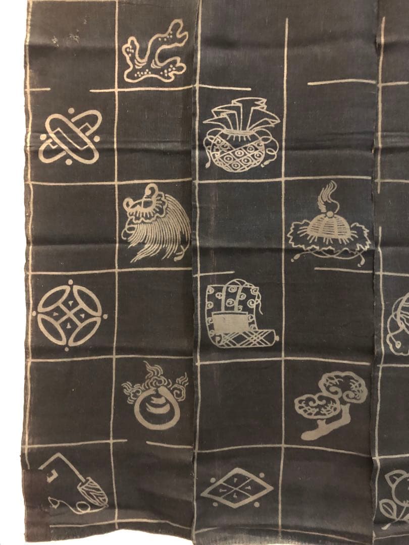 藍染筒描き三巾加賀のれん時代物木綿古布　ソ-217