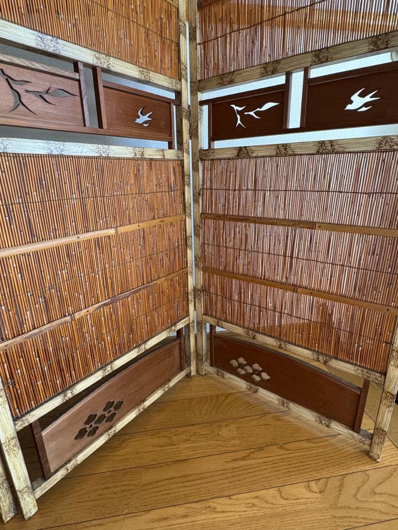 昭和レトロ 4連 衝立 パーテーション 透かし彫り 古道具