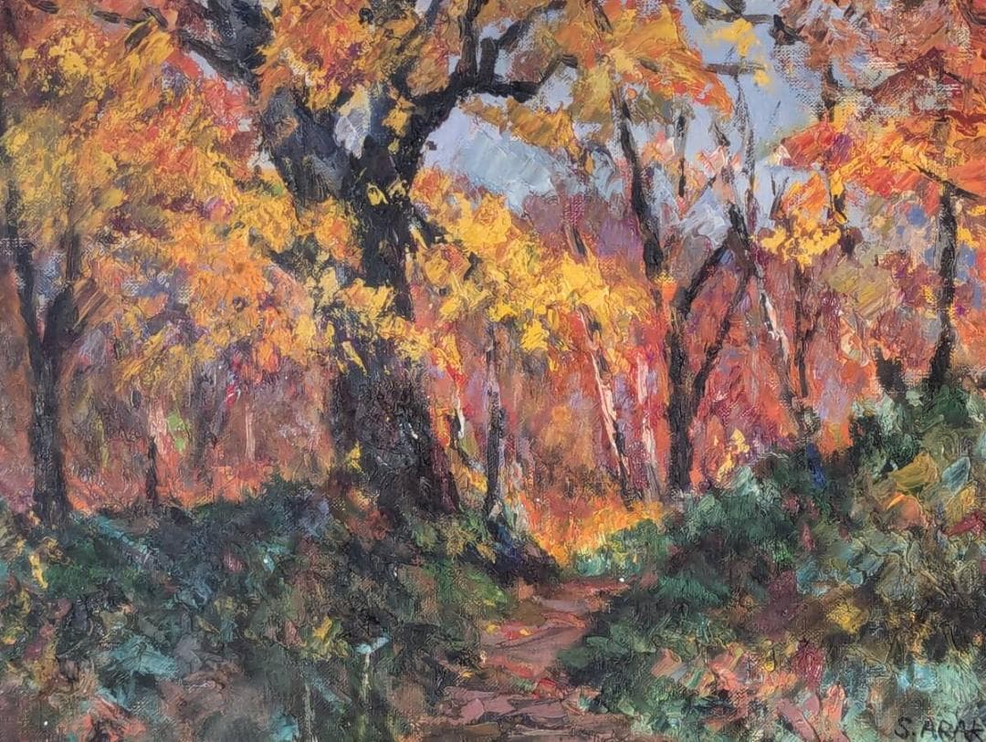 【真作】絵画　荒木総一　油彩6号　紅葉の道　示現会作家　風景画　W60