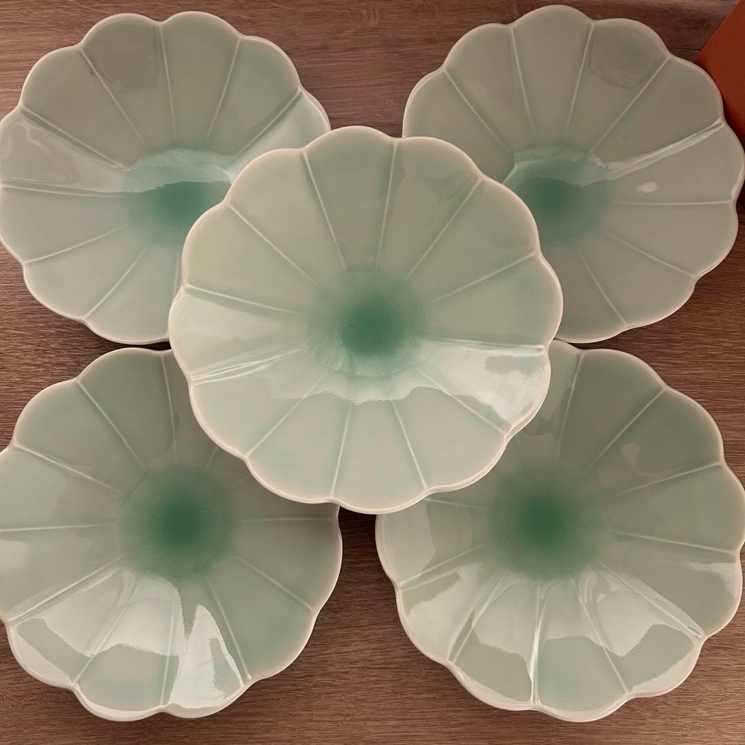 たち吉　緑彩菊花　深皿　煮物鉢　5枚セット　銀杏　瓢箪抜　高台　小皿　5枚セット