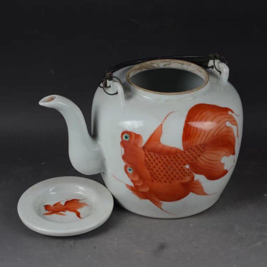 景徳鎮 陶磁器 金魚紋提梁壺 茶壺 煎茶器 装飾品 置物