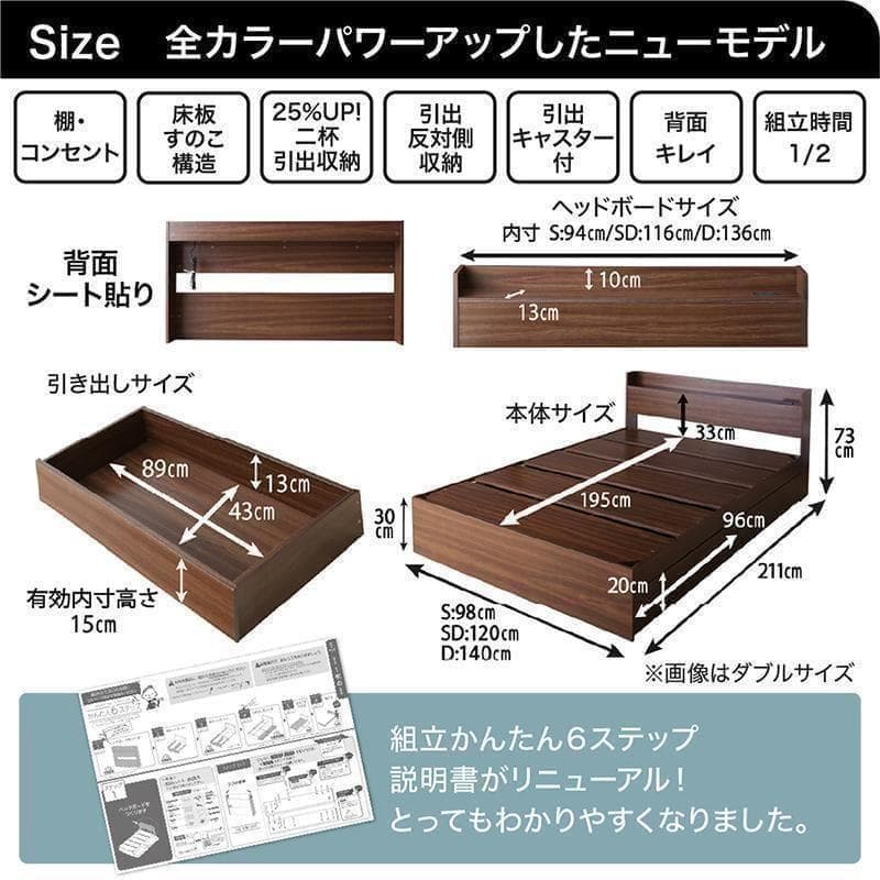 セール！新品 送料込 ダブルベッド 収納 棚 2口コンセント マットレス付 RG