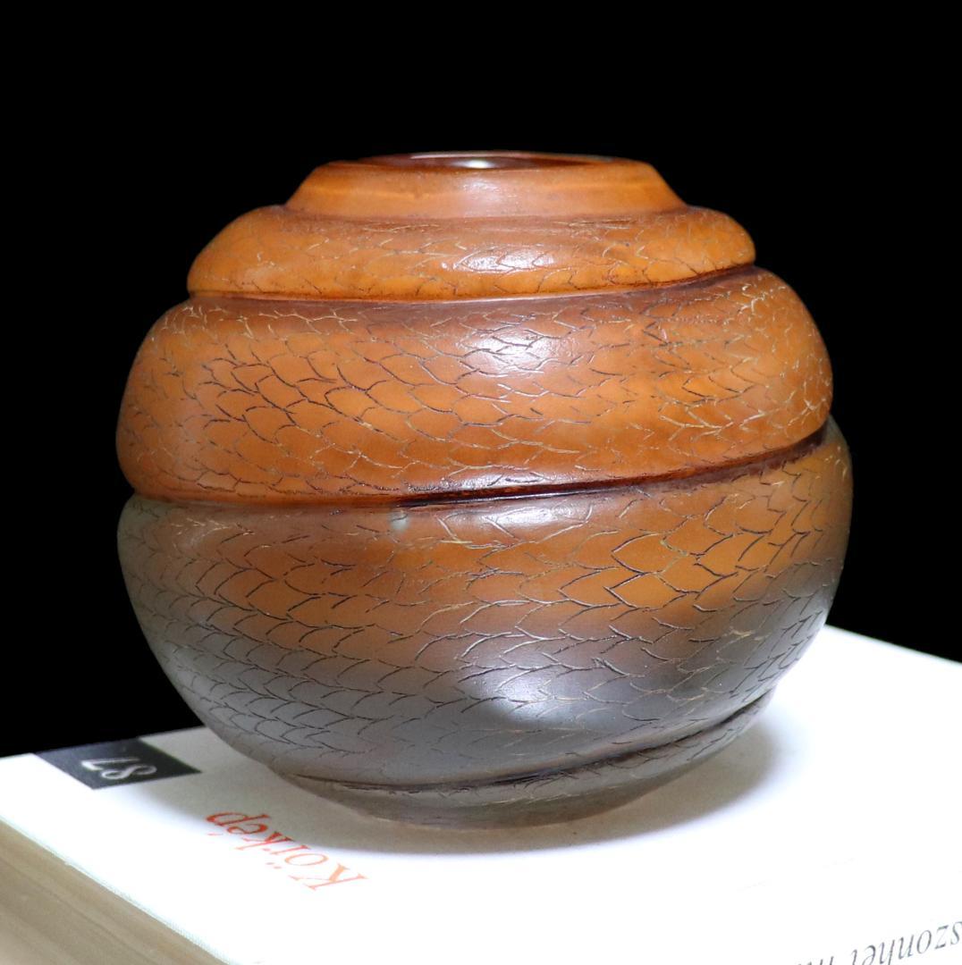 美術館級!!ドーム・ナンシー とぐろを巻いた蛇球体型壺 橙色花瓶 スネーク 丸型