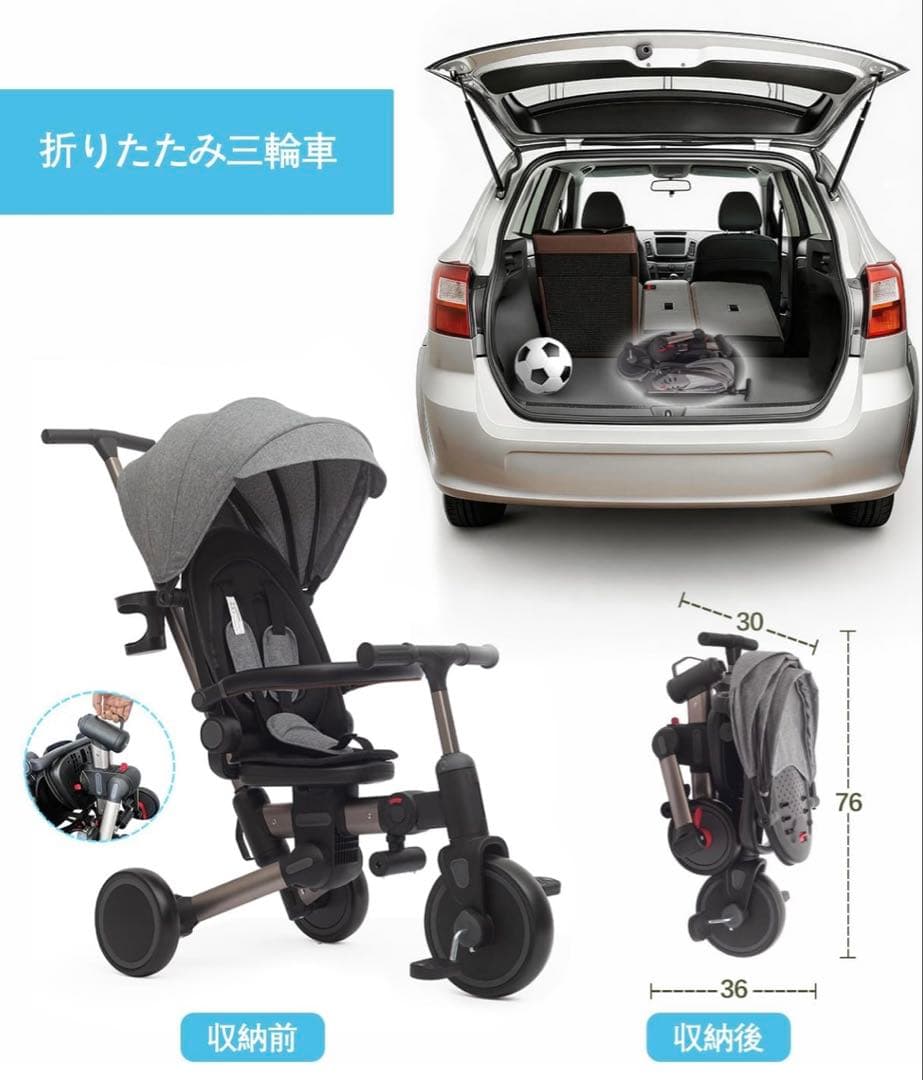 子供用三輪車 7in1 1〜3歳対応 360°回転シート 日よけ付き ゲレー