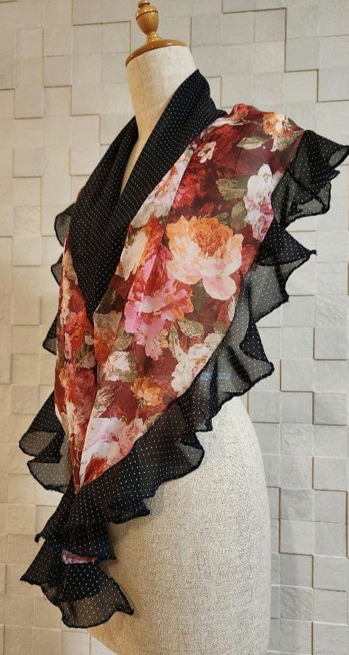 ハンドメイド フラメンコ衣装 新品 シージョ・エプロン 赤系 花柄 黒×白水玉