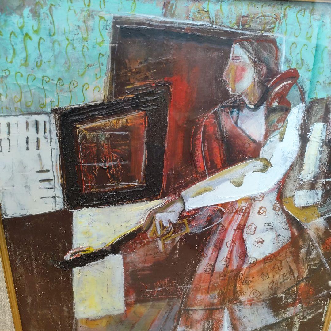 油彩画 ヴァイオリン?を持つ女性 金色 額縁が素晴らしい!