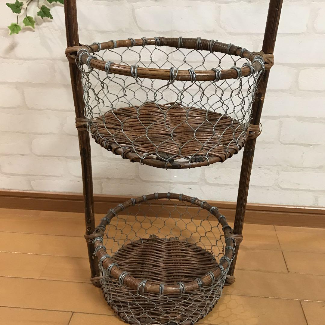 ラタン　アイアン　ディスプレイスタンドラック　フラワースタンド　アンティーク　籐