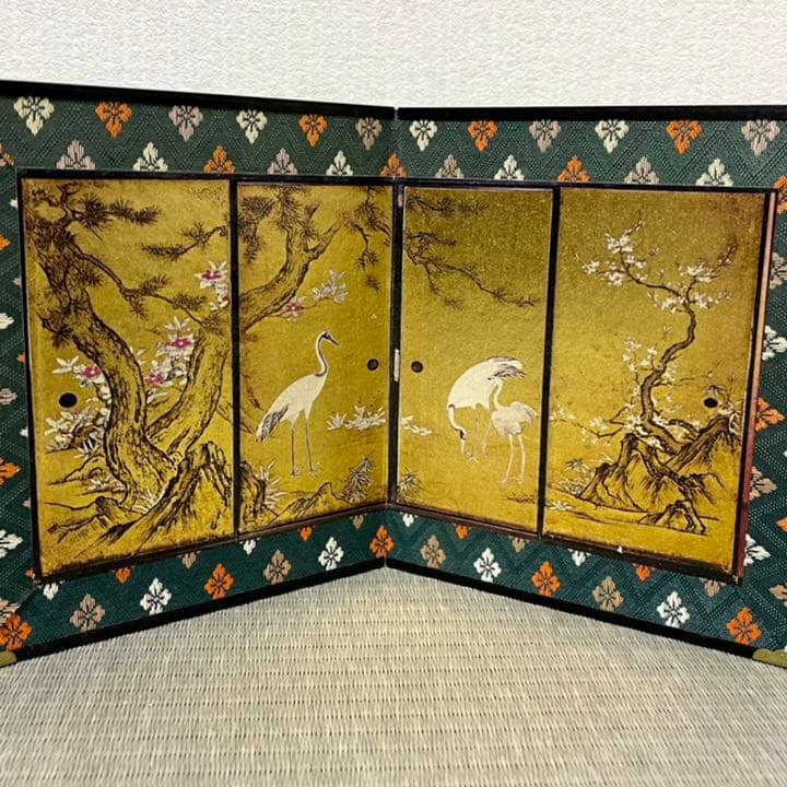 【希少】鶴の親子 金色屏風 びょうぶ