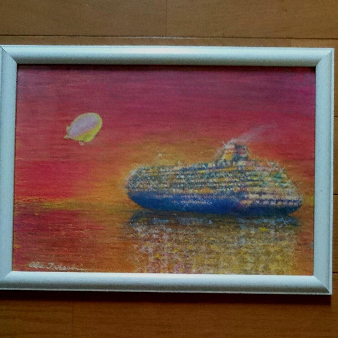 イラスト絵画/客船と飛行船/手描き一点もの