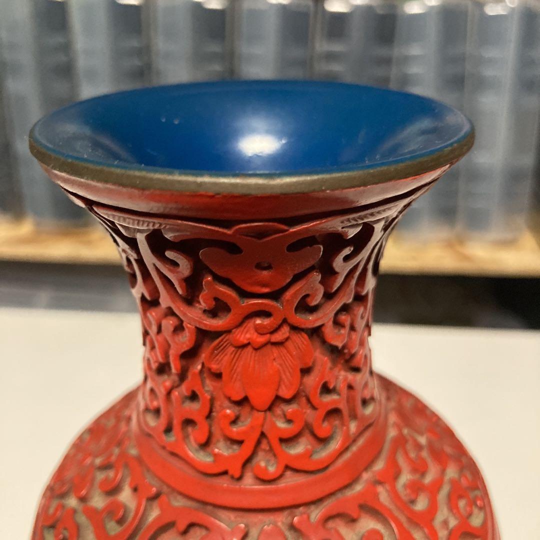 木製 花瓶 壺 銅 赤い 花模様 工芸品 木彫り 手彫り
