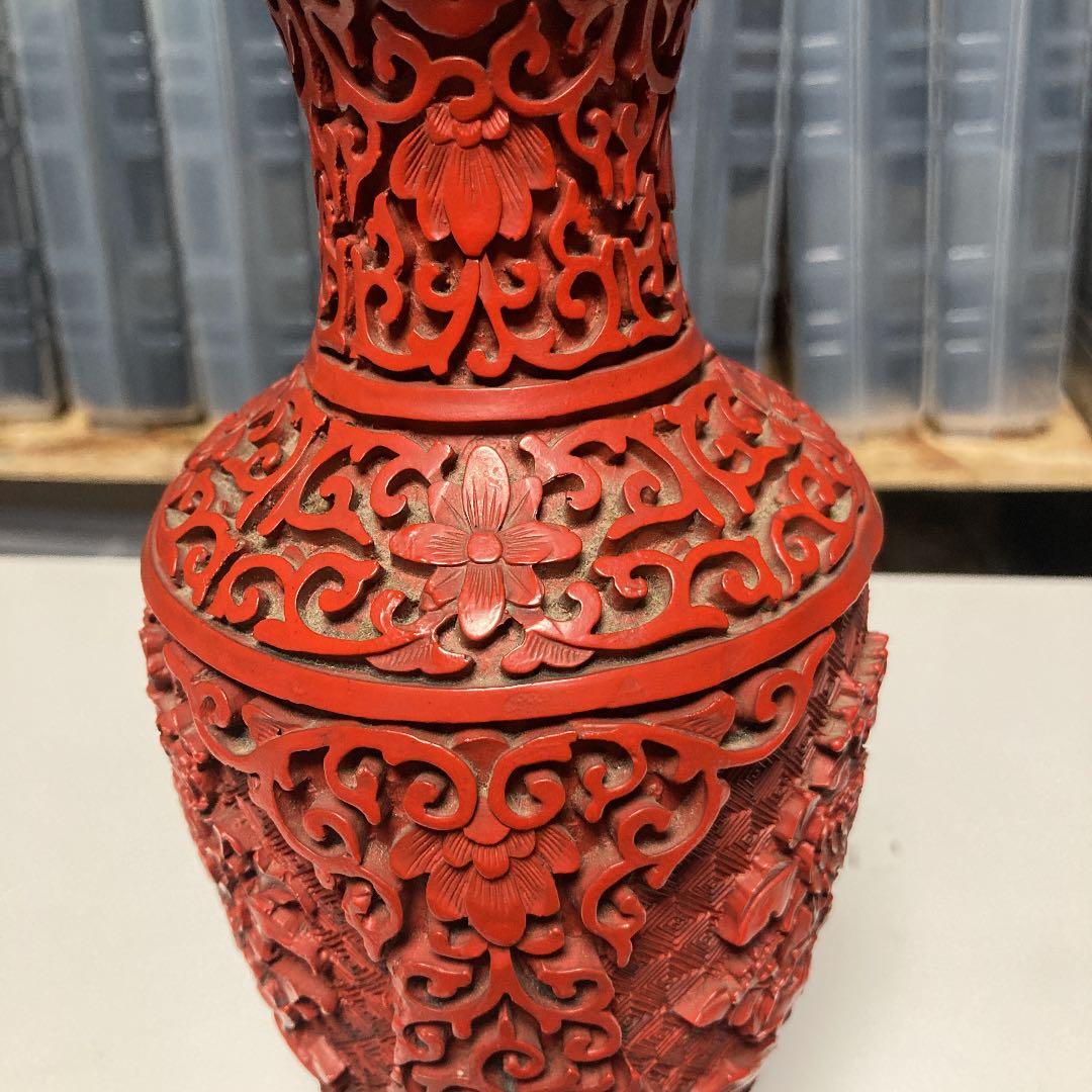 木製 花瓶 壺 銅 赤い 花模様 工芸品 木彫り 手彫り