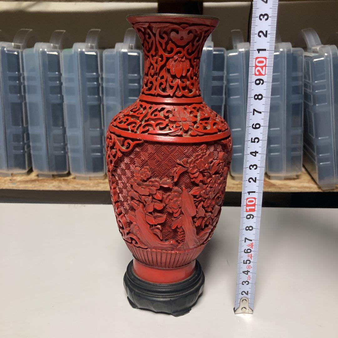 木製 花瓶 壺 銅 赤い 花模様 工芸品 木彫り 手彫り