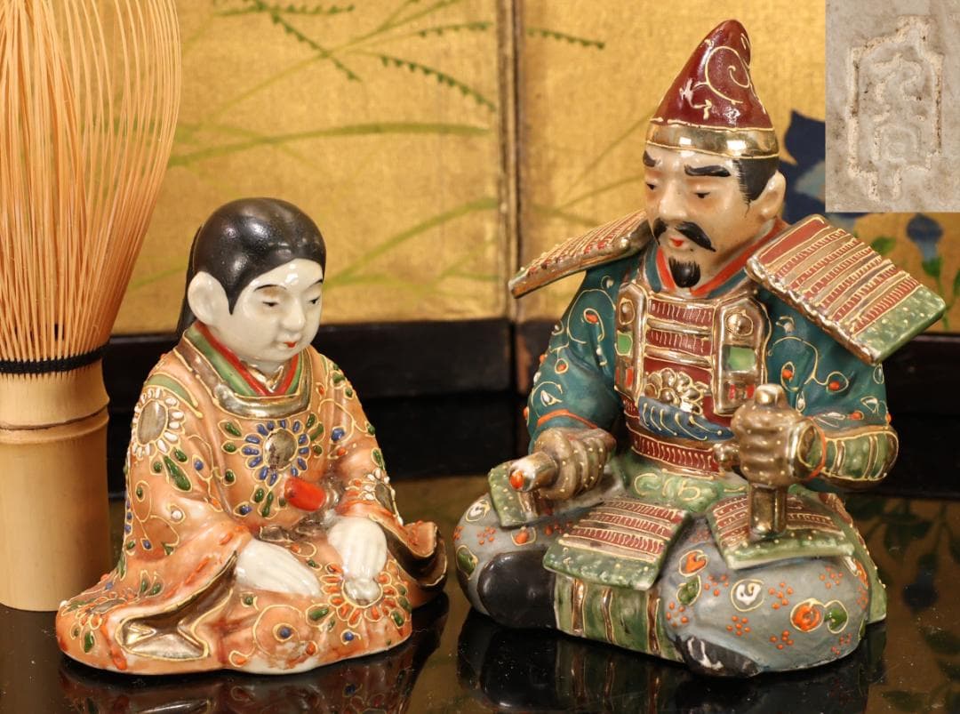 BK523　九谷焼　楠木正成 正行　桜井の別れ　陶人形 置物　金彩色絵 戦国武将