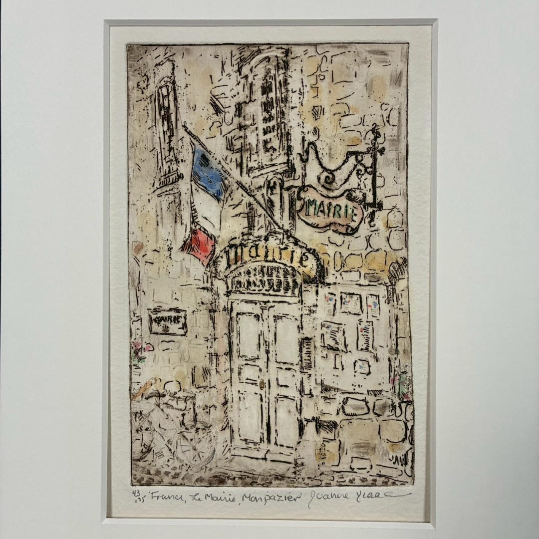 美品 ジョアン・アイザック「フランスモンパジエ町役場」エッチング+手彩 サイン有