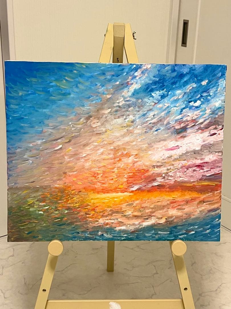 印象派風 油彩画 夕焼けの海 F12