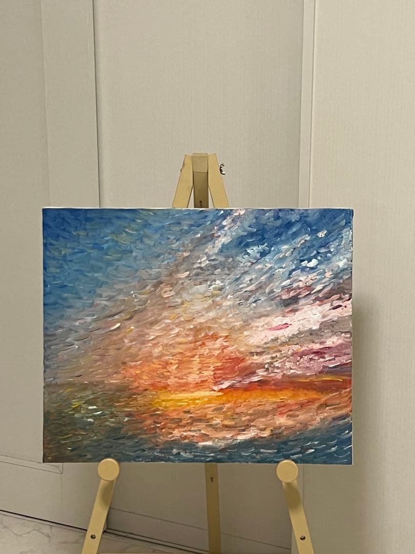 印象派風 油彩画 夕焼けの海 F12